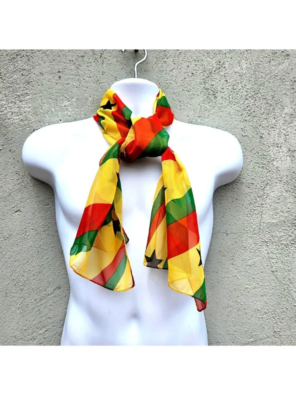 Ghana Flag Colors Rectangular Scarf Yellow Green Red Black Stars Polyester 54x13